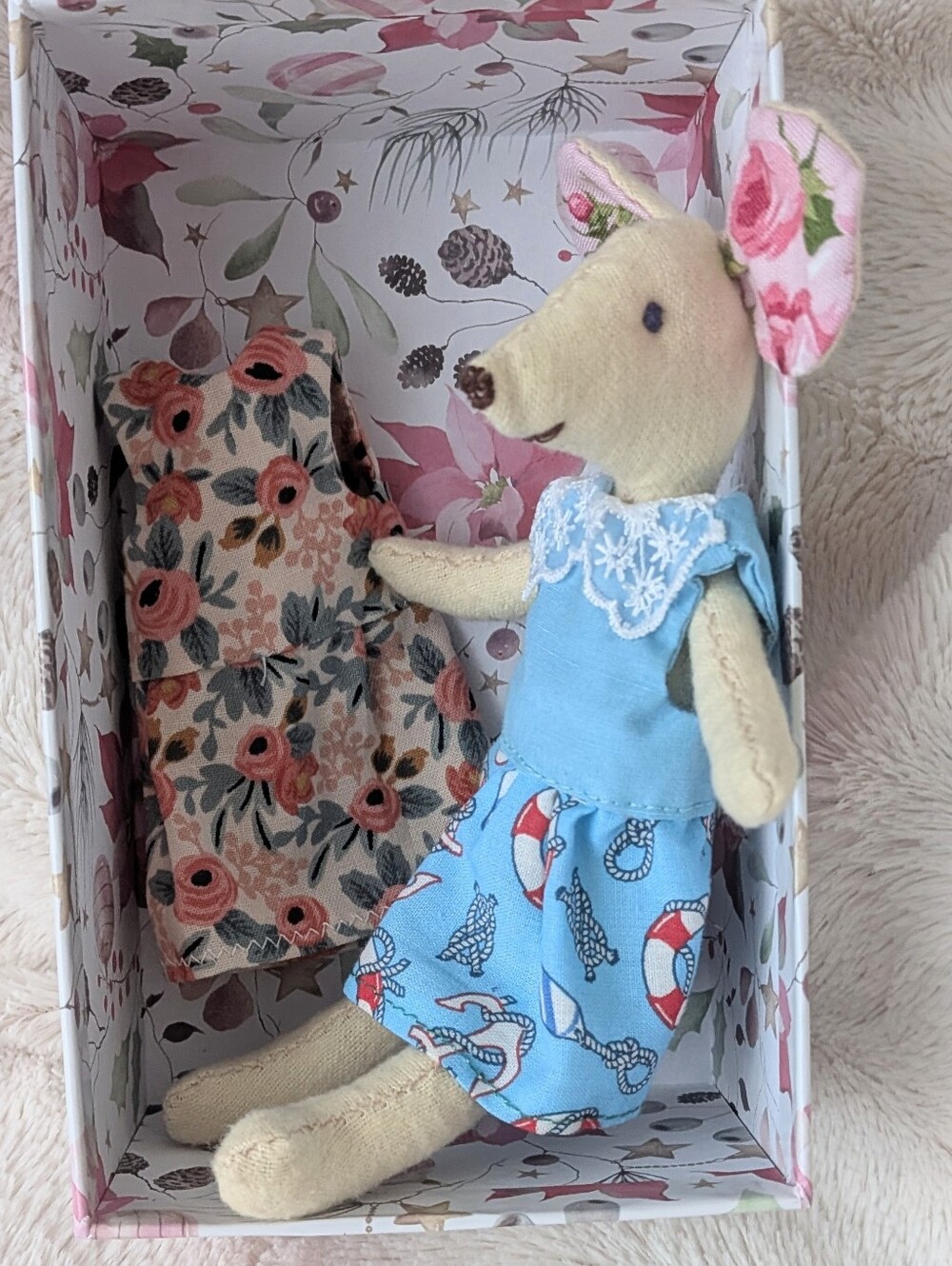 Handmade heirloom flannel cotton Mouse Plush Doll in gift box With 2 dresses